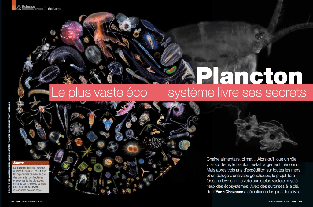 Éric Karsenti, Colomban de Vargas, et d'autres coordinateurs de l'expédition Tara-Oceans, expliquent, dans le 'Science&découverte' de septembre 2015, certains résultats clef de cette première étude éco-morpho-génétique holistique du plancton planétaire.